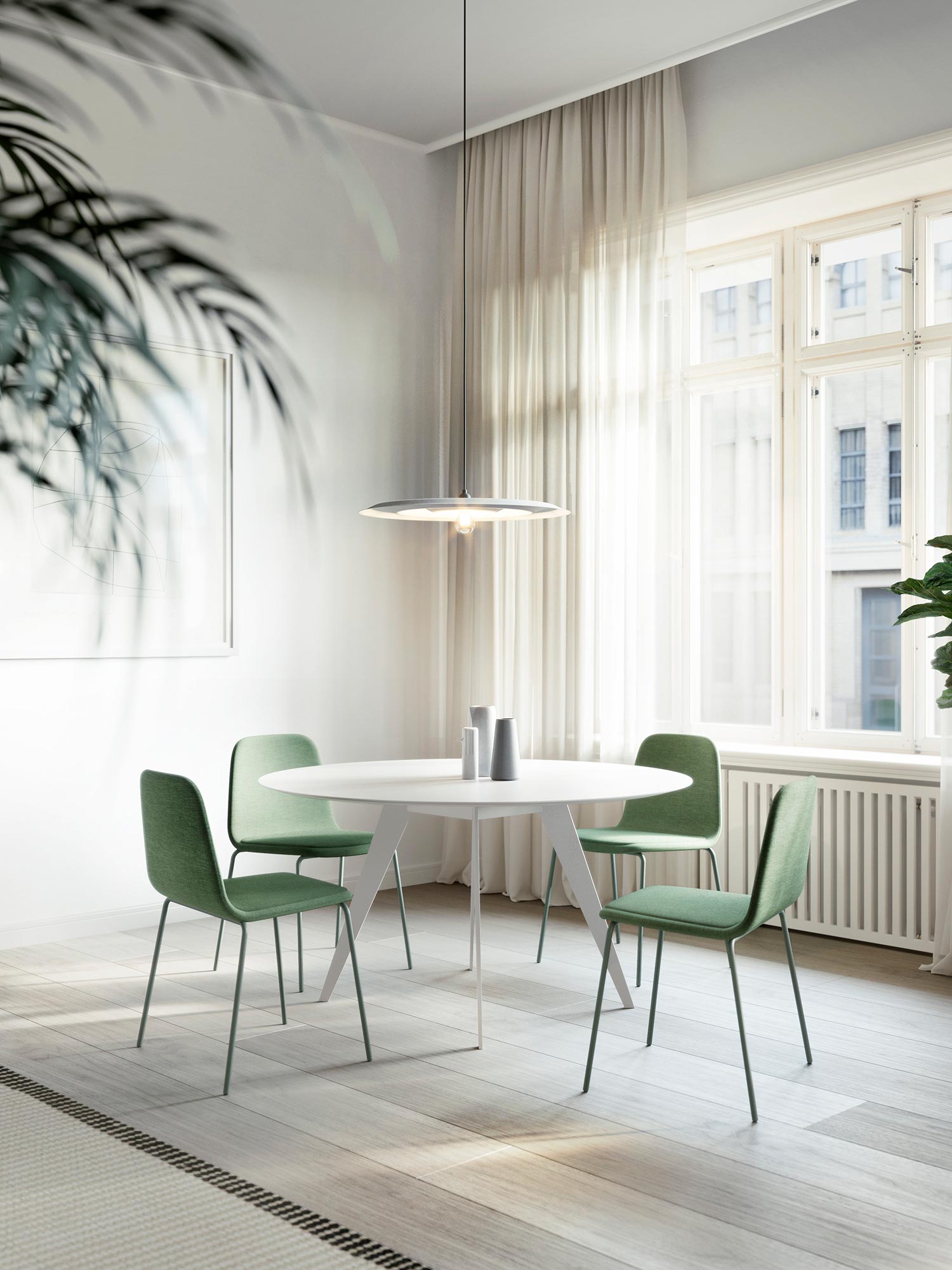Treku Bisell Chair Fusion Crevin Green With Moss Green Lacquered Metal Legs With A Treku Round Aise Table In White Fenix Top White Lacquered Legs